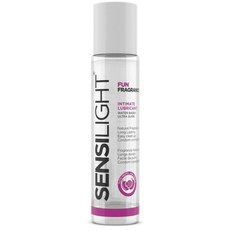 Sensilight glijmiddel op waterbasis, Tutti Frutti geur. Transparante fles met witte dop.