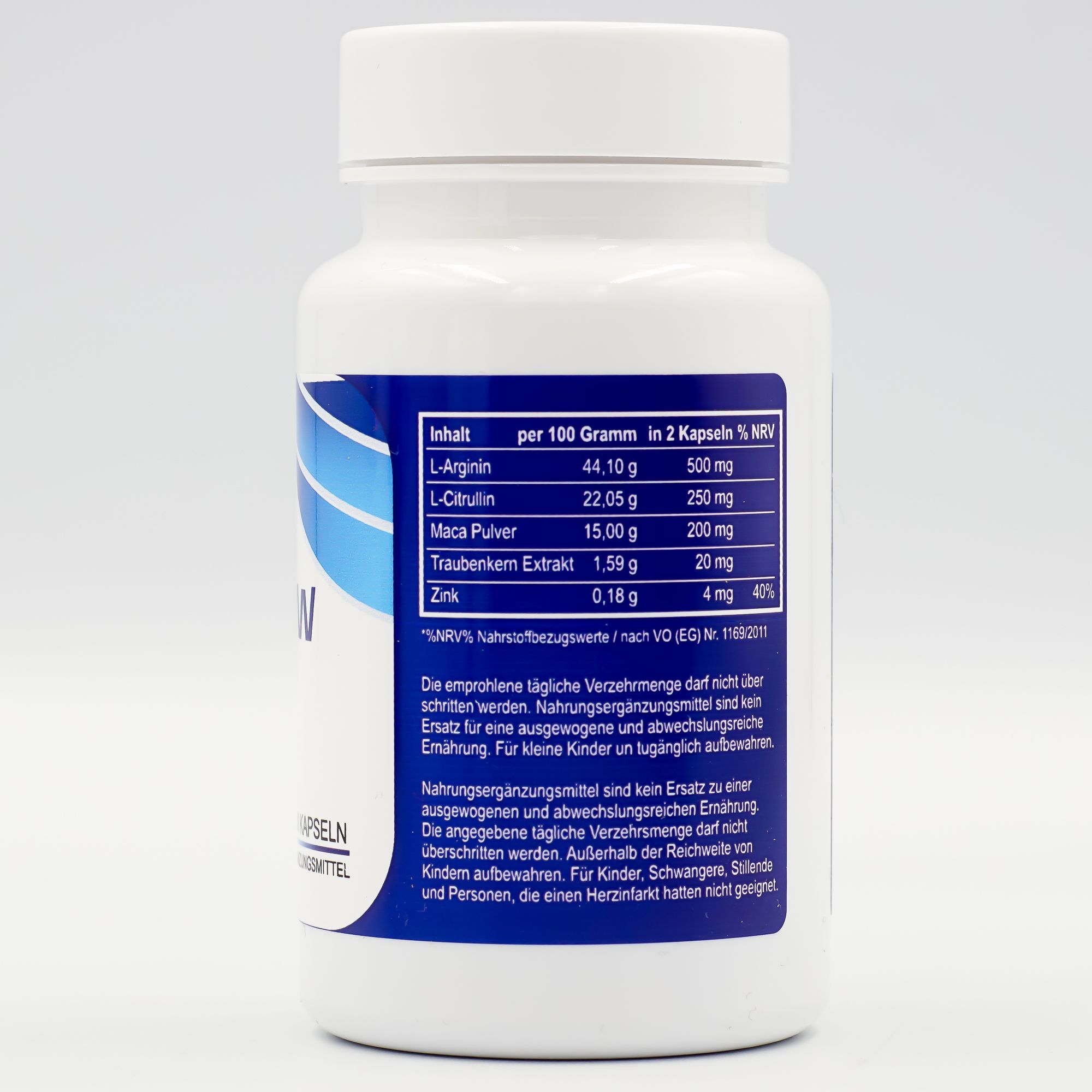 Witte fles met blauw etiket. Achterkant met voedingswaarde: L-Arginine, L-Citrulline, Maca, Druivenpitextract, Zink.