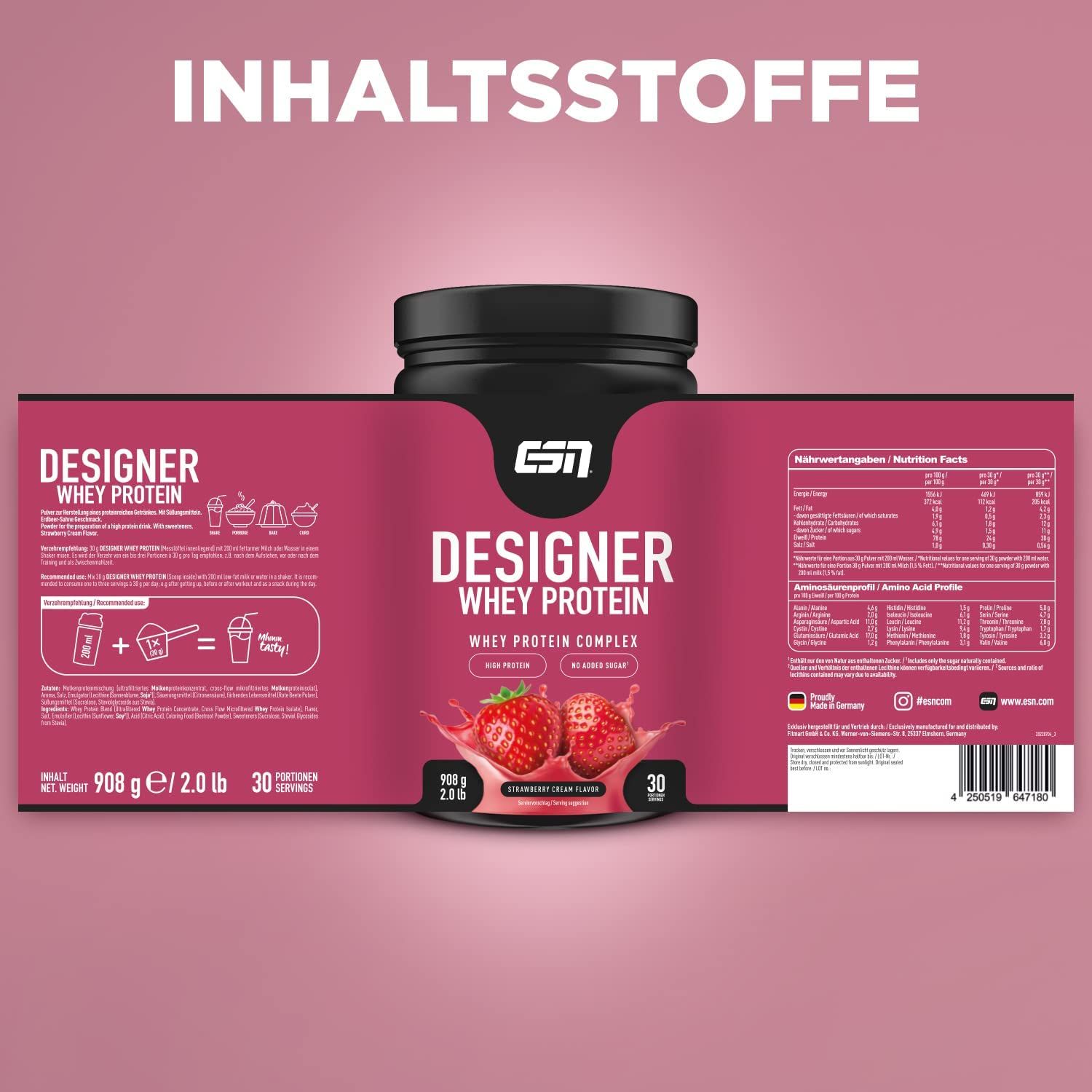 ESN Designer Whey Protein, Aardbei Crème. Productlabel met ingrediënten, voedingswaarde en productafbeelding.