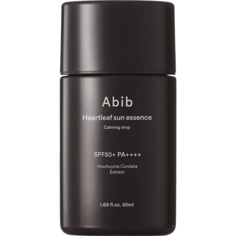 Zwarte fles met witte tekst: Abib Heartleaf Sun Essence Calming Drop SPF50+ PA++++. 1.69 fl.oz. 50ml.