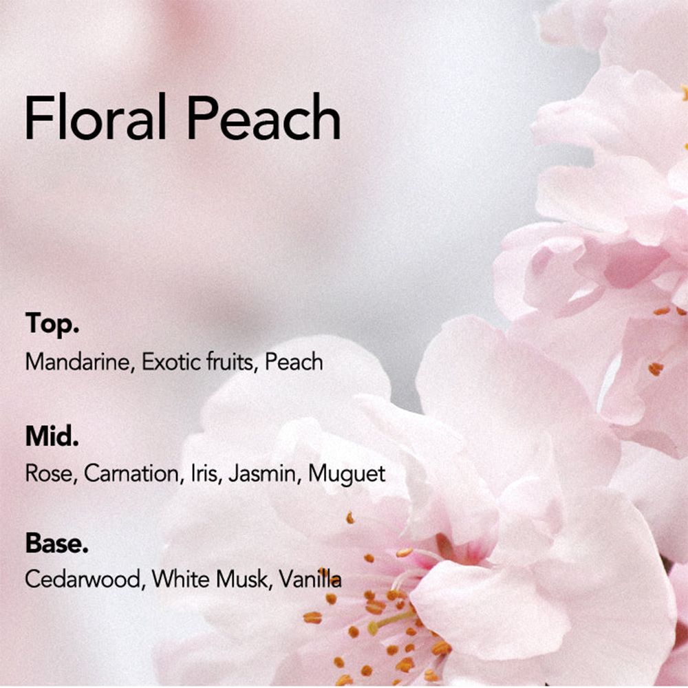 Tekst met geurnoten: Mandarijn, exotisch fruit, perzik, roos, anjer, iris, jasmijn, lelietje-van-dalen, cederhout, witte muskus, vanille.