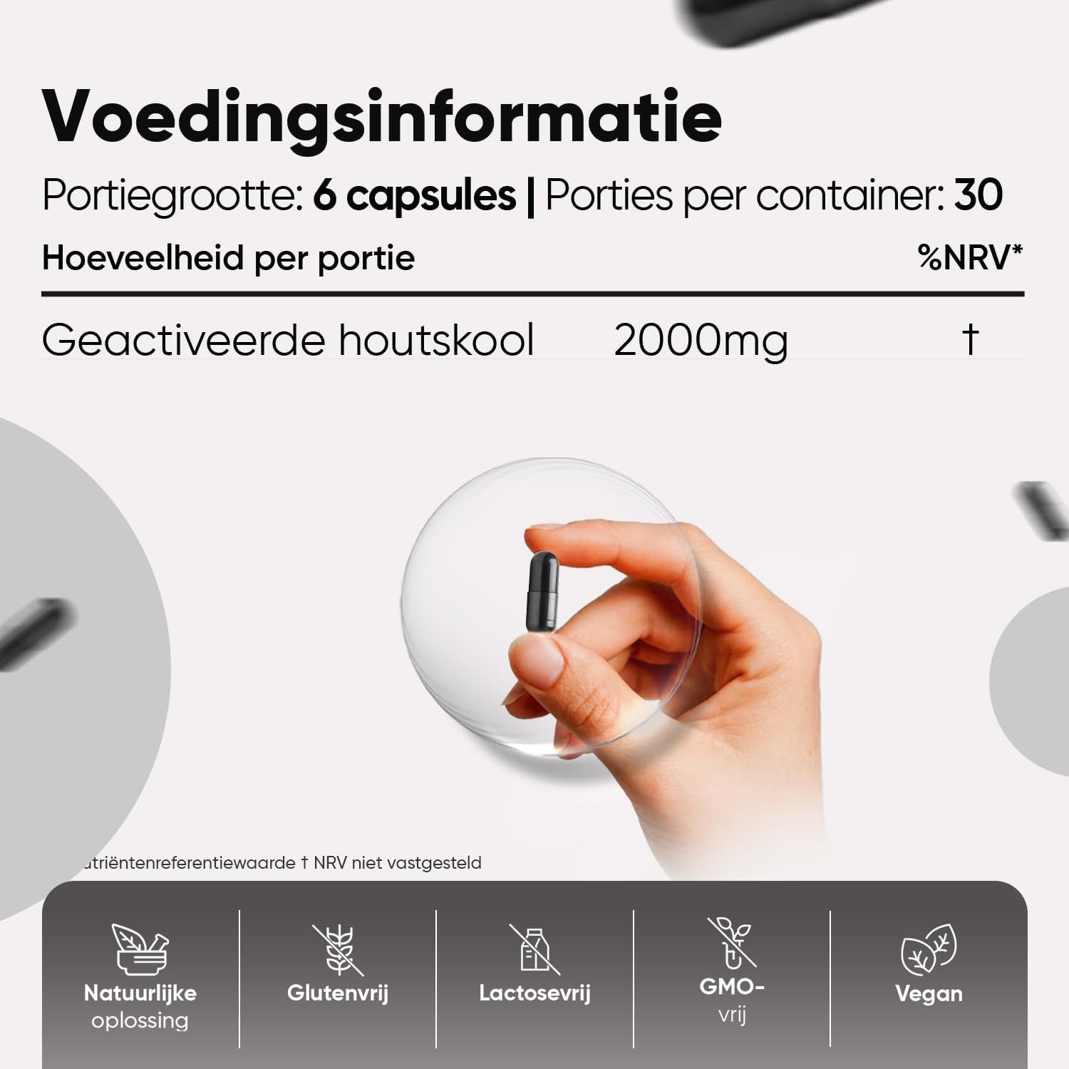 Fles actieve koolkapsels met focus op vegan, GMO-vrij en 180 capsules.