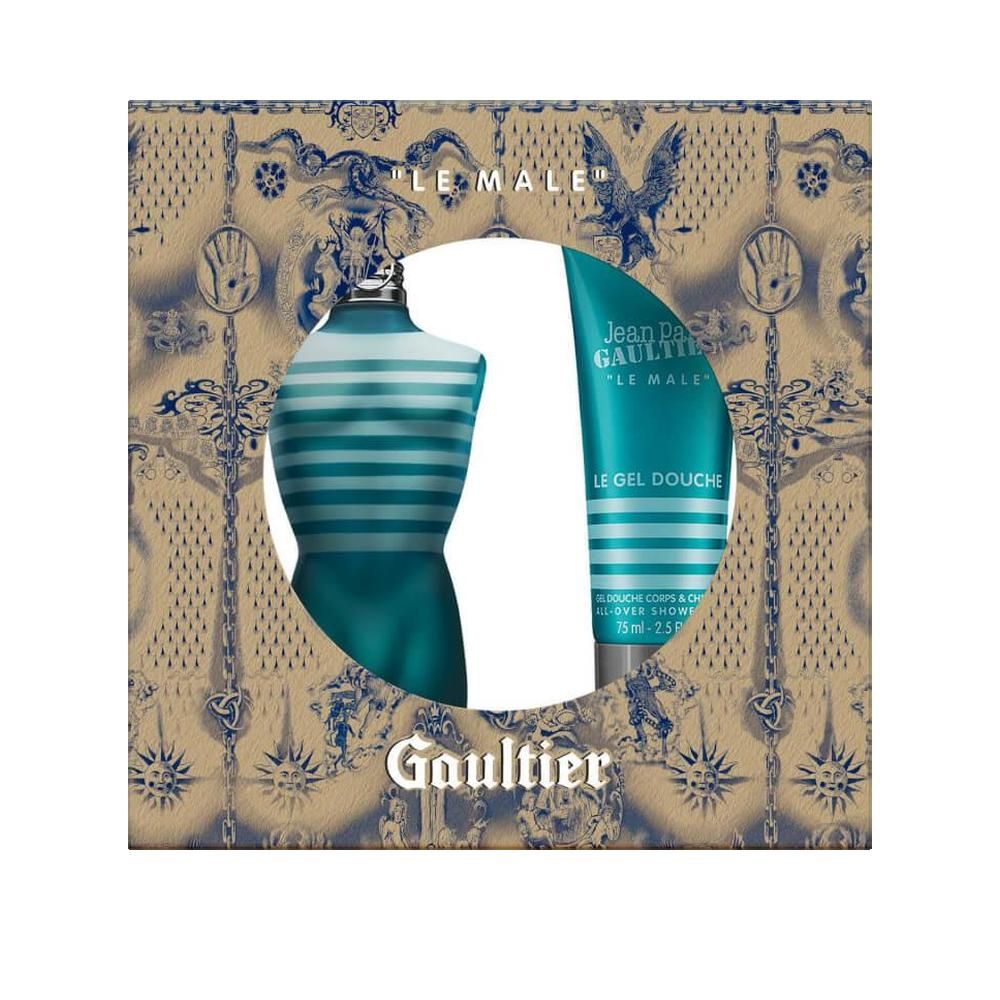 Geschenkdoos met fles en douchegel. Fles in de vorm van een torso. Douchegel tube. Doos met patroon en tekst.