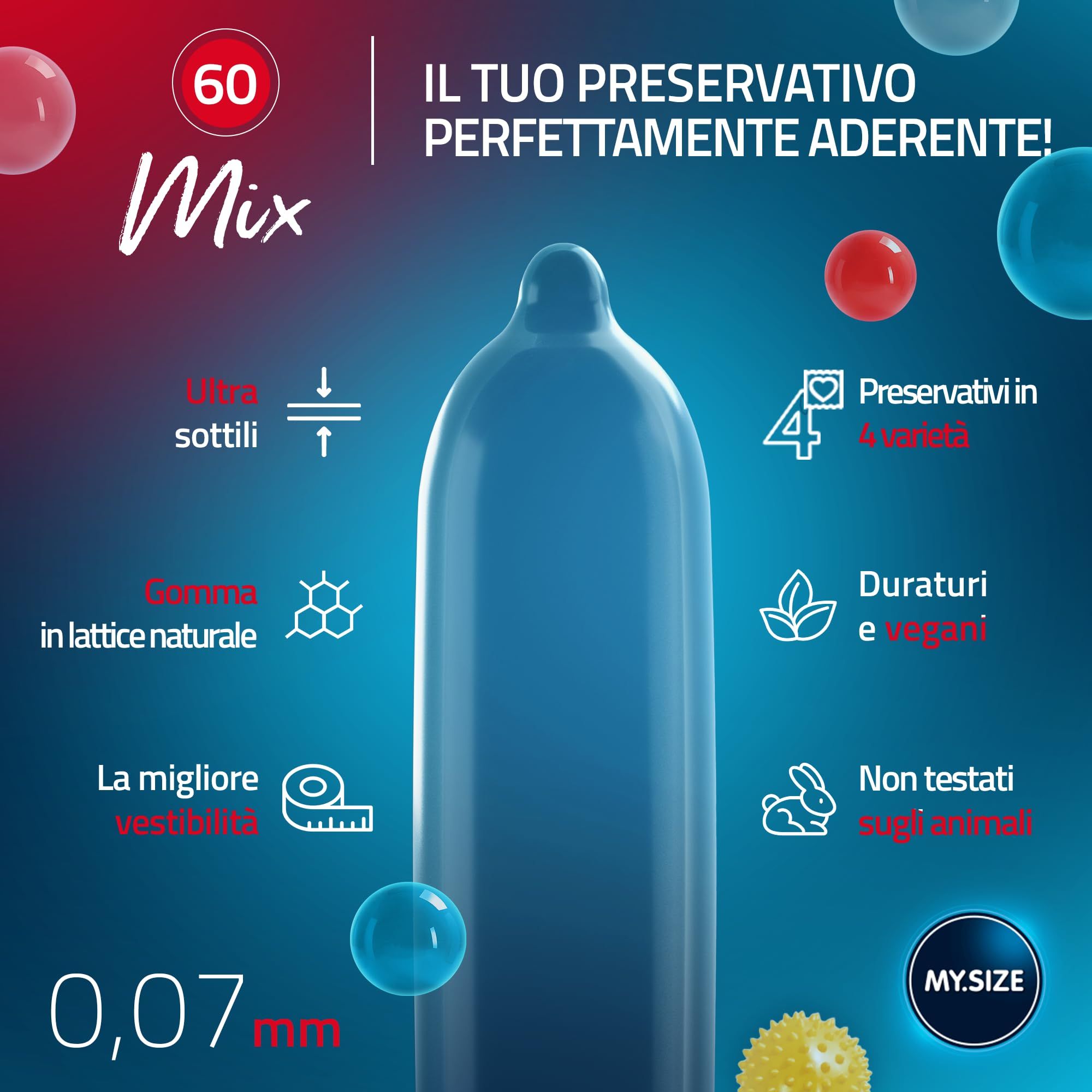 Préservatif MY.SIZE, taille 60mm. Fin, en latex naturel, 4 variétés, durable, non testé sur animaux.
