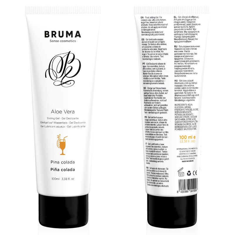Voor- en achterkant van een Bruma glijmiddel Aloe Vera Pina Colada tube.