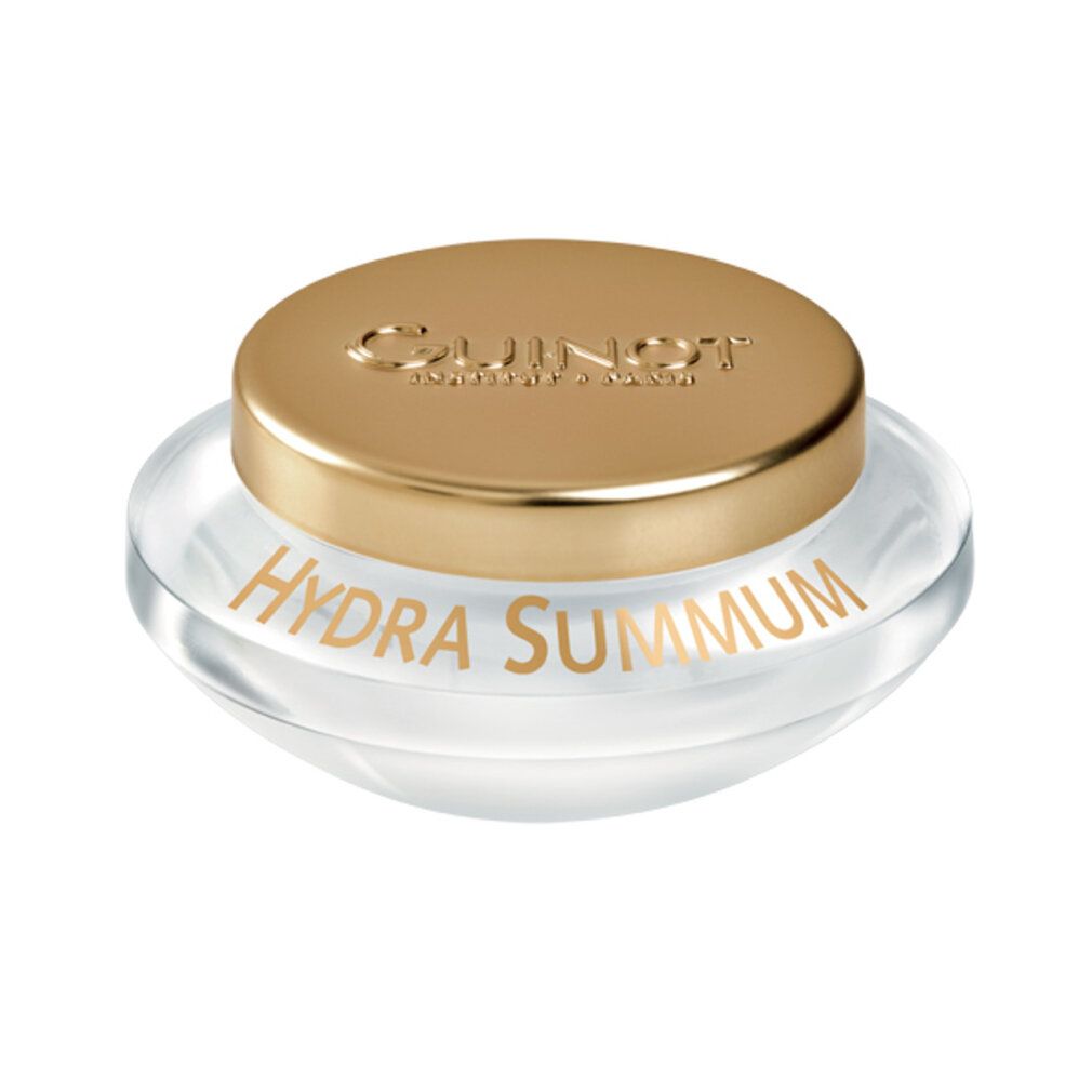 Glazen pot met gouden deksel. Op de deksel staat "GUINOT". Daaronder "HYDRA SUMMUM".