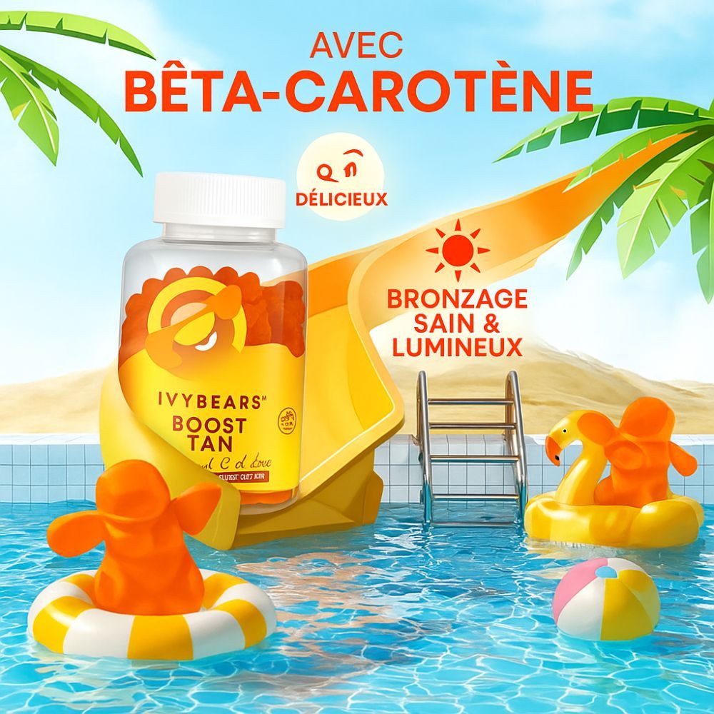 Boîte de gommes IvyBears Boost Tan au bord de la piscine. Avec bêta-carotène. Bouée et palmier en arrière-plan.