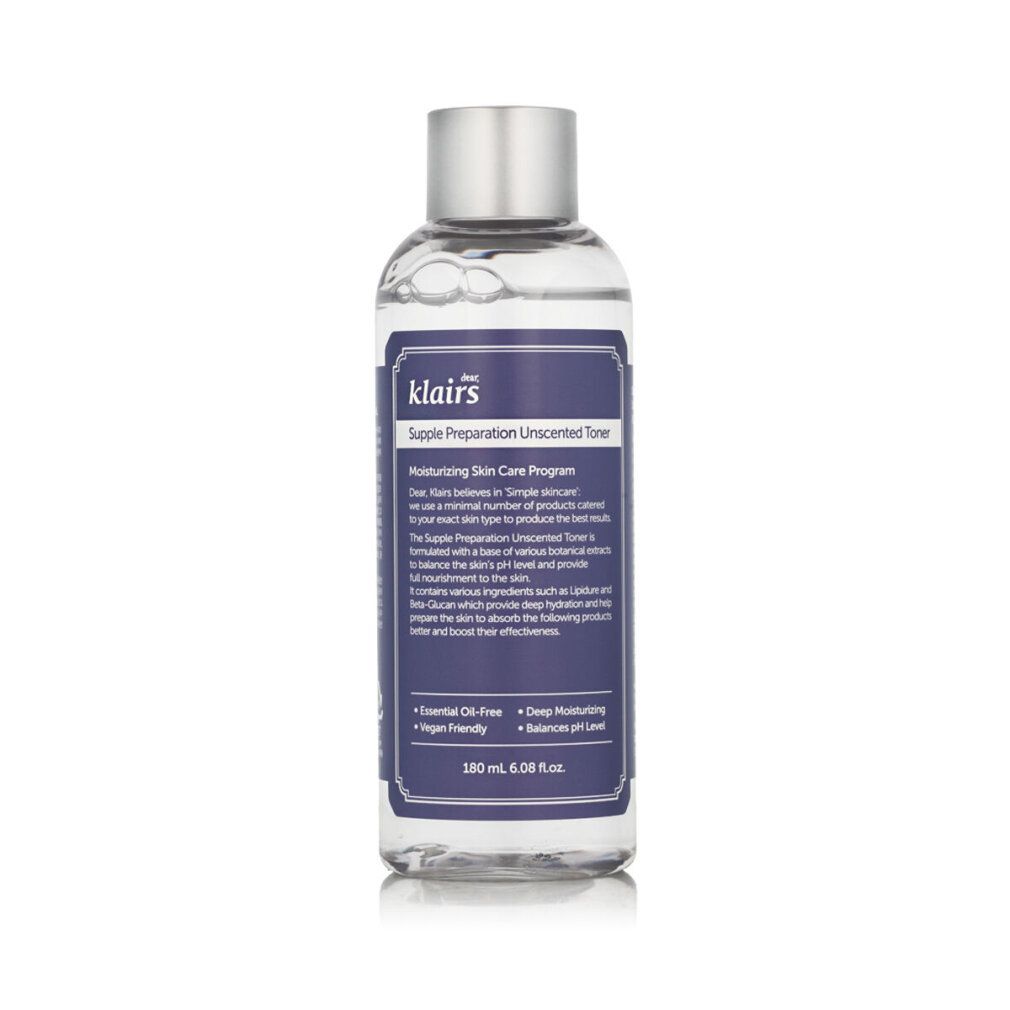 Transparante fles met zilveren dop. Opschrift: Dear Klairs Supple Preparation Unscented Toner. Paars etiket.