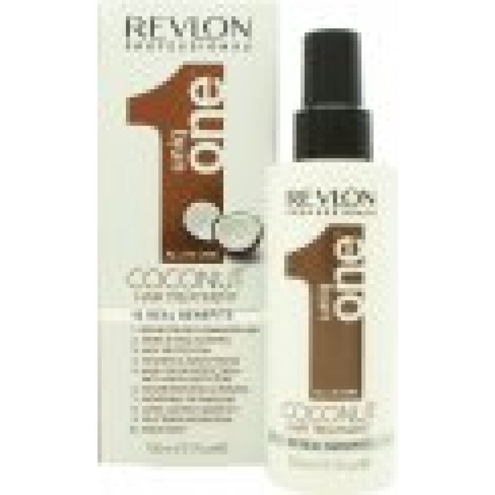 Revlon Uniq One Coconut Hair Treatment. Bouteille et emballage. Inscription: 10 Real Benefits. Avec motif noix de coco.