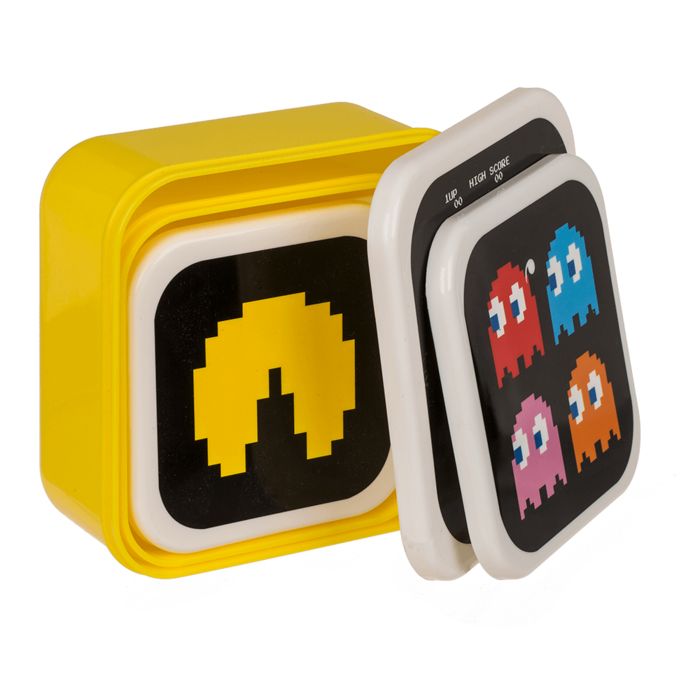 Gele brooddoos met Pac-Man-motief. Deksel met Pac-Man en geesten. Twee deksels open.