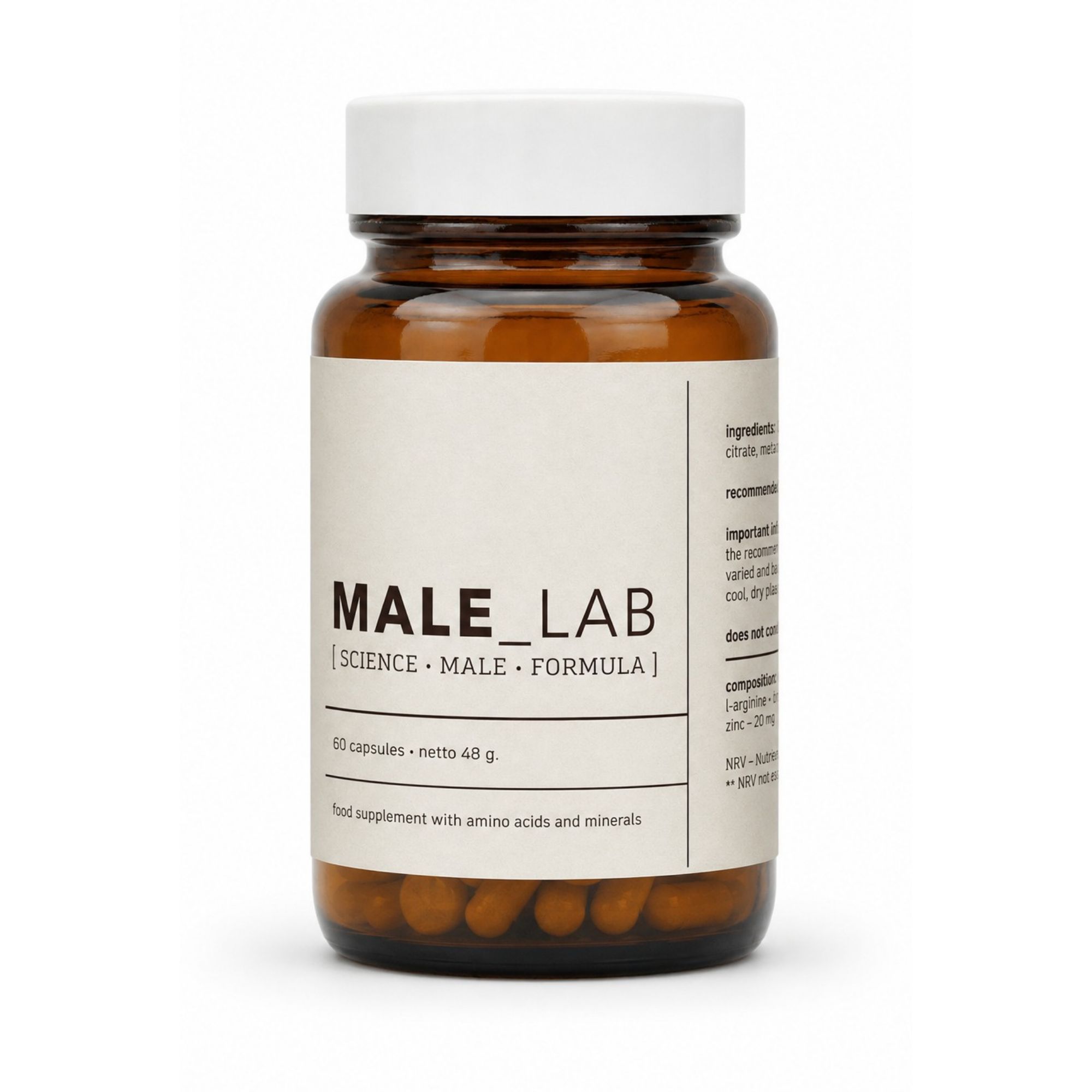 Bruine glazen fles met witte dop, gevuld met 60 capsules. Etiket met "MALE_LAB" en "food supplement with amino acids and minerals".