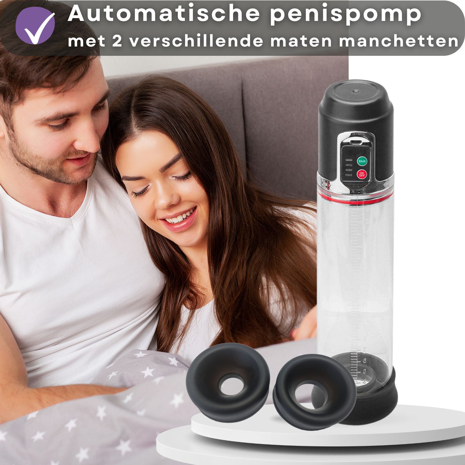 Automatische penispomp met 2 manchetten. Product met twee zwarte manchetten en een transparante cilinder.