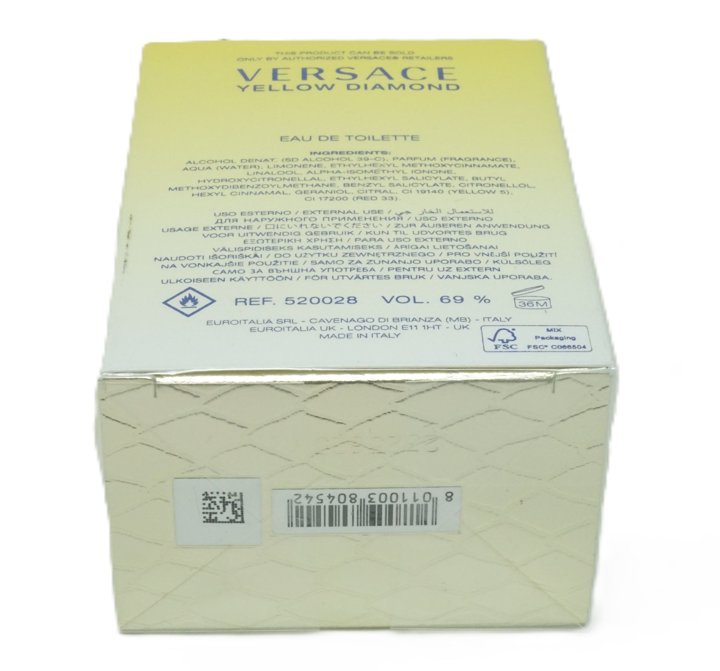Achterkant van de verpakking. Tekst: VERSACE YELLOW DIAMOND. Ingrediënten, waarschuwingen, Ref. 52002B, Vol. 69%.