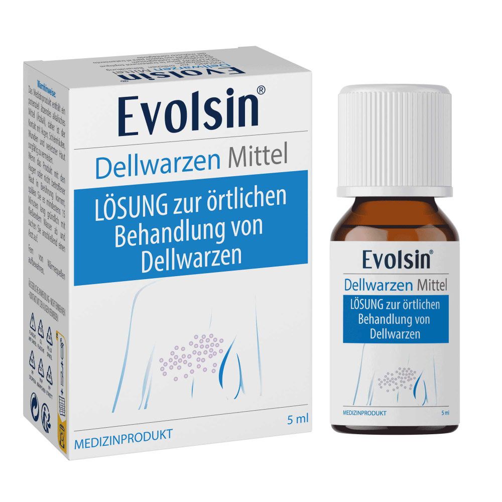 Productverpakking en fles. Opschrift: Evolsin Dellwarzen Mittel. Oplossing voor de behandeling van wratten. 5 ml.