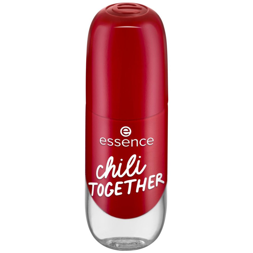 Flacon de vernis à ongles Essence rouge, texte 'chili TOGETHER'.