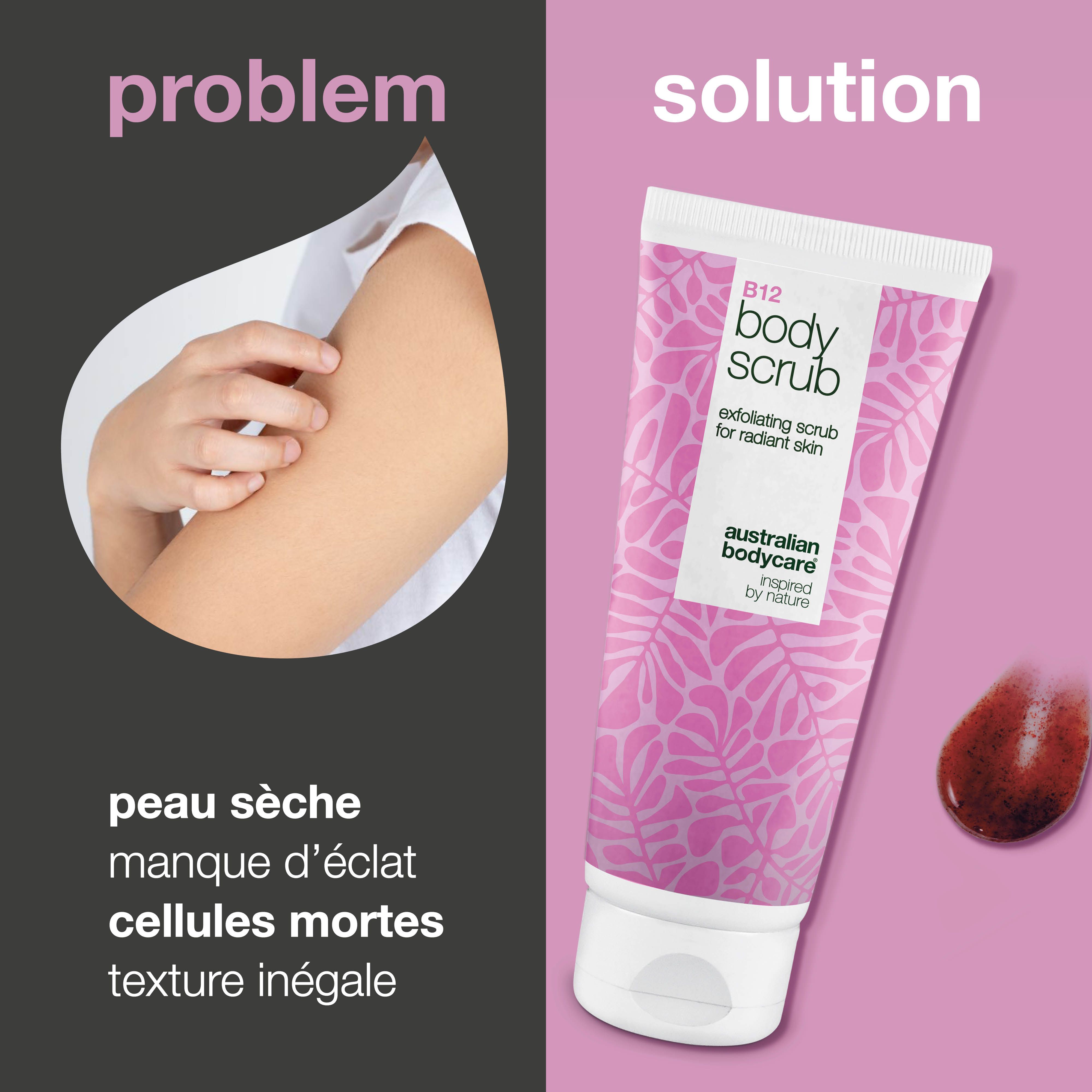 Division : problème et solution. Gauche : bras avec peau sèche. Droite : tube B12 Body Scrub et échantillon de produit.