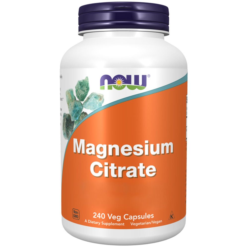 Flacon blanc de complément alimentaire avec bouchon bleu. Étiquette orange avec texte "Magnesium Citrate" et "240 Veg Capsules".