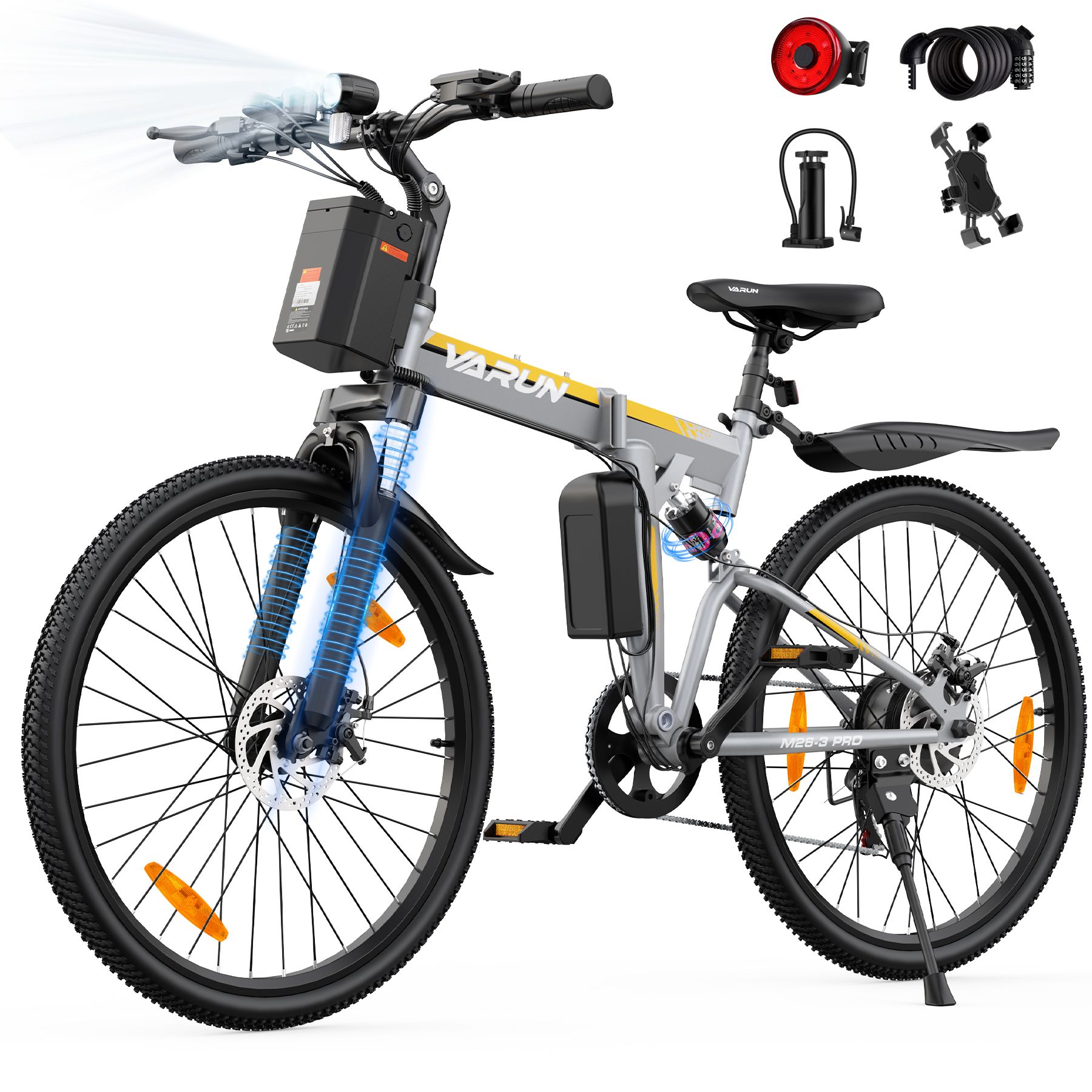 Vélo électrique pliable gris-jaune. Phare et suspension mis en évidence. Logo VARUN. Pneus CHAOYANG.