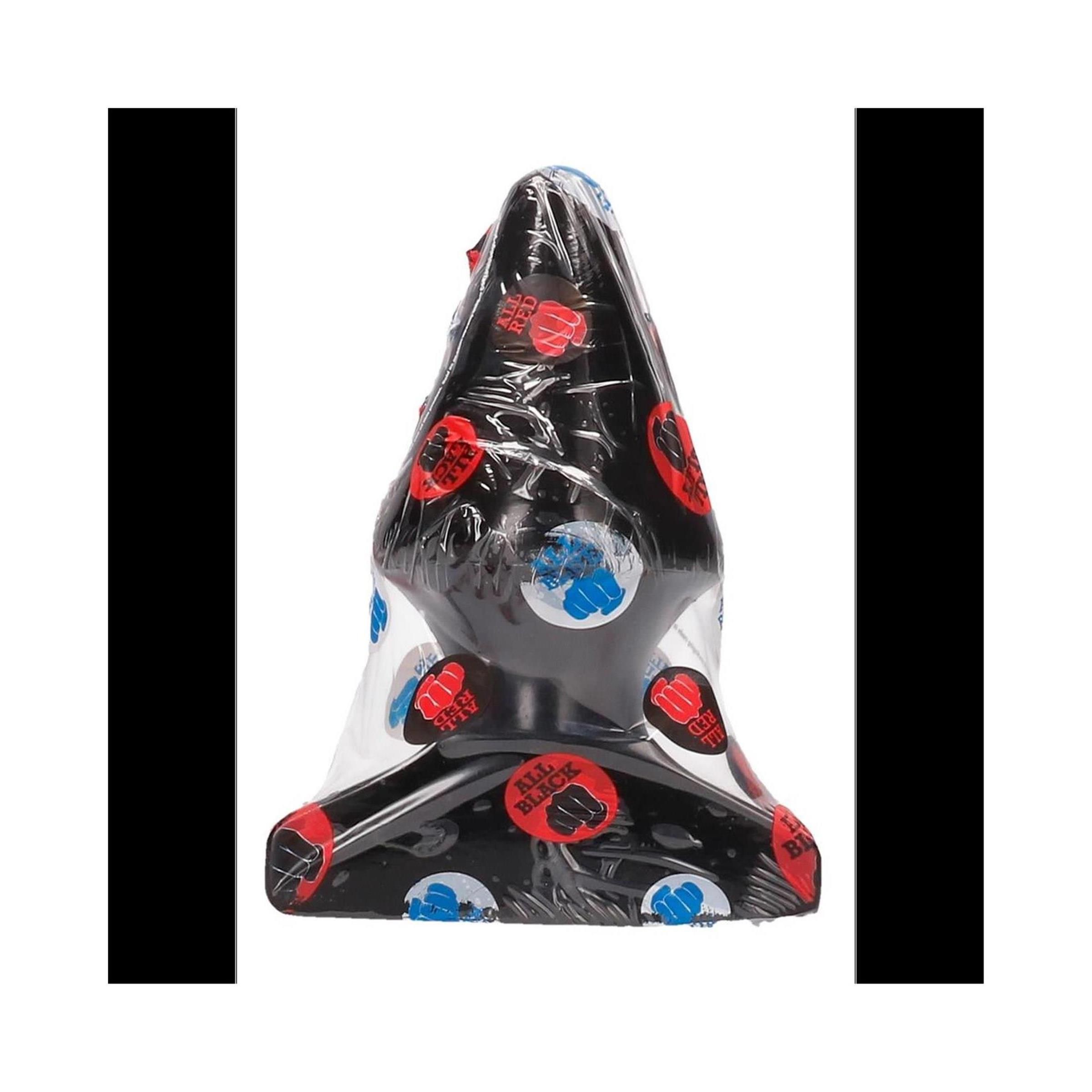 Buttplug conique noir, emballé dans du film plastique avec des logos rouges et bleus.