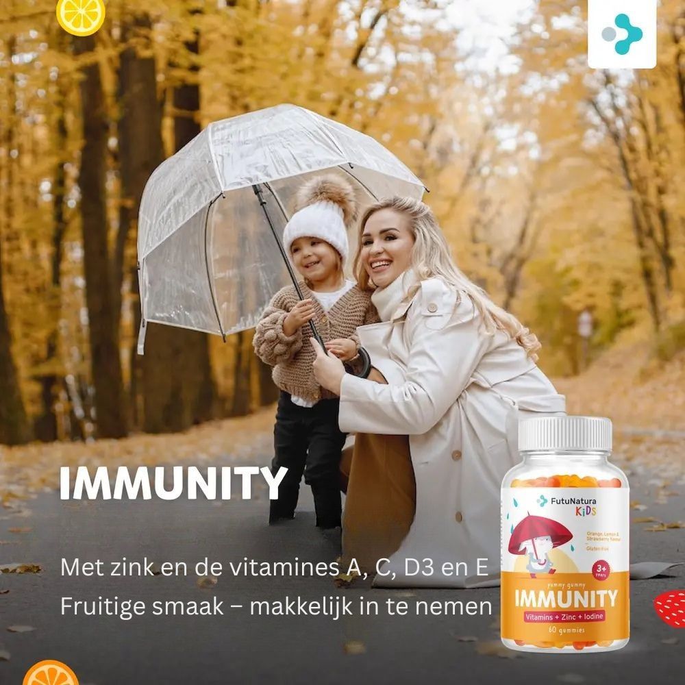Moeder en kind onder paraplu, naast fles gummies. Opschrift: IMMUNITY. Logo FutuNatura KIDS. Met zink en vitamines.
