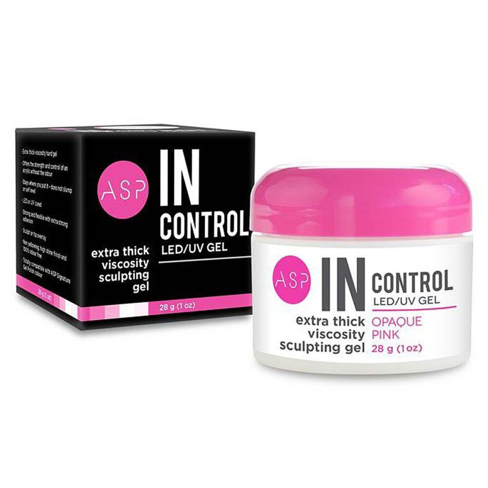 Roze pot met deksel en zwarte doos. Opschrift: ASP, IN CONTROL, LED/UV Gel, extra dik, Opaque, Roze, 28g.