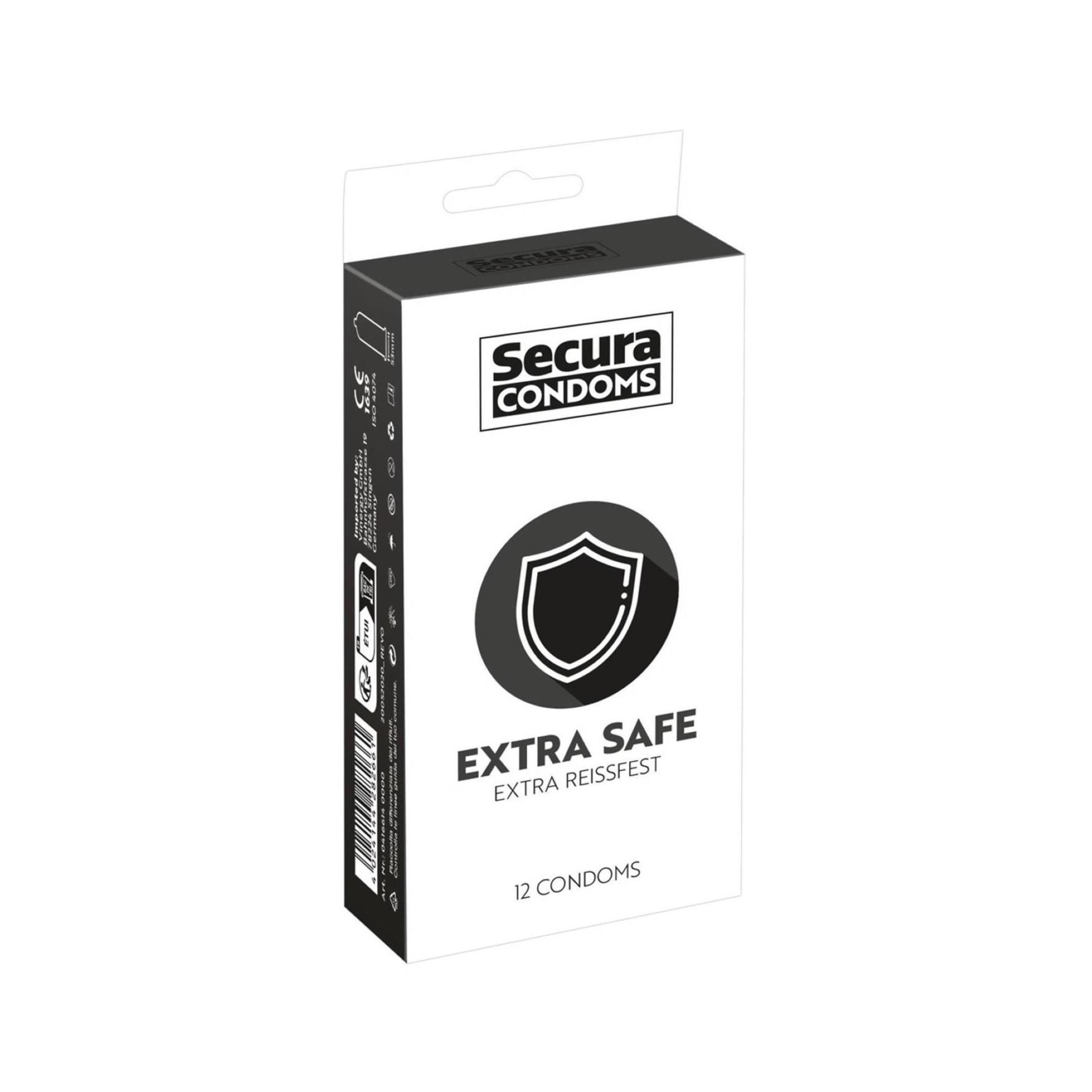 Verpakking van Secura Extra Safe condooms, 12 stuks, schildsymbool.