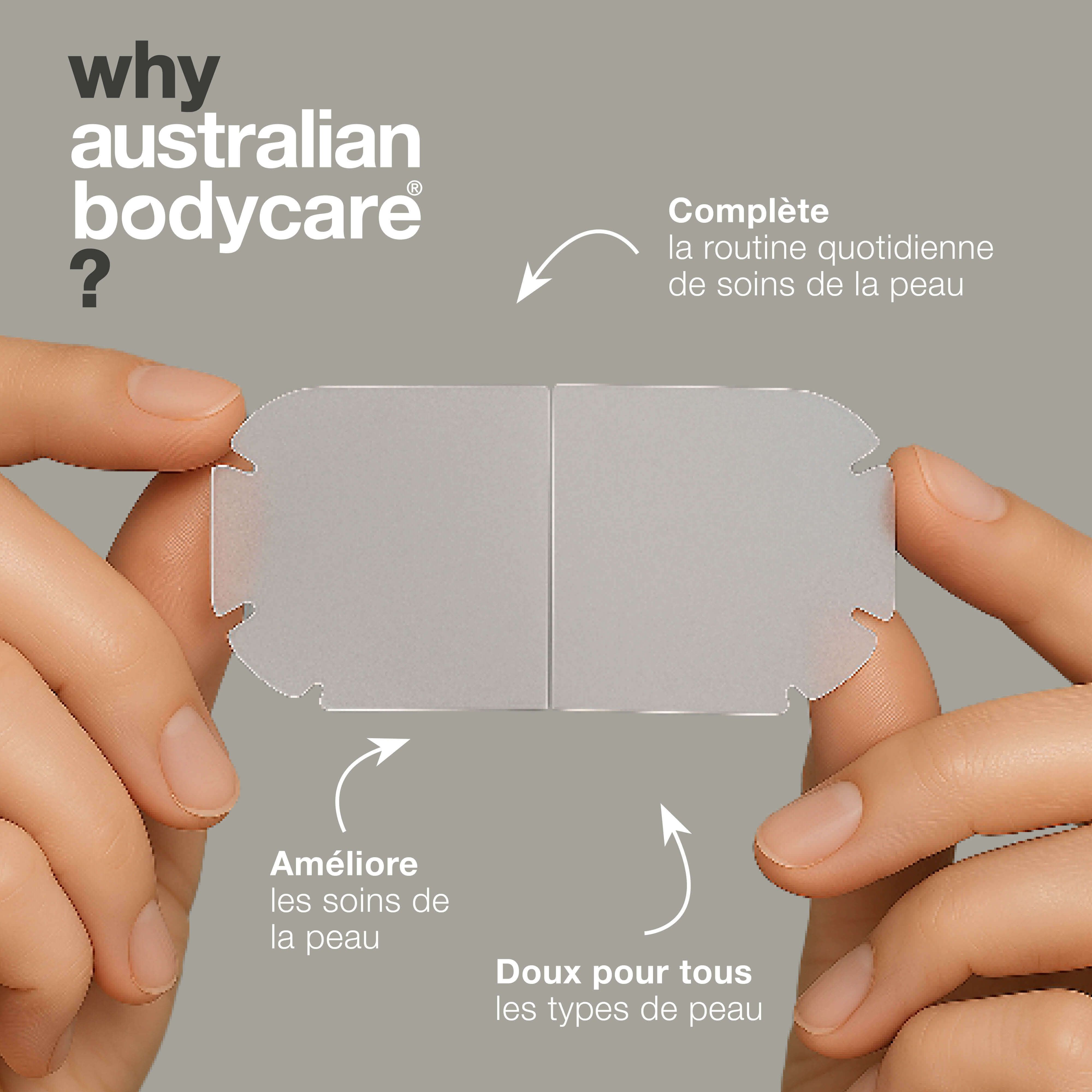 Mains tenant deux patchs transparents. Texte : 'Pourquoi Australian Bodycare ?' et avantages.