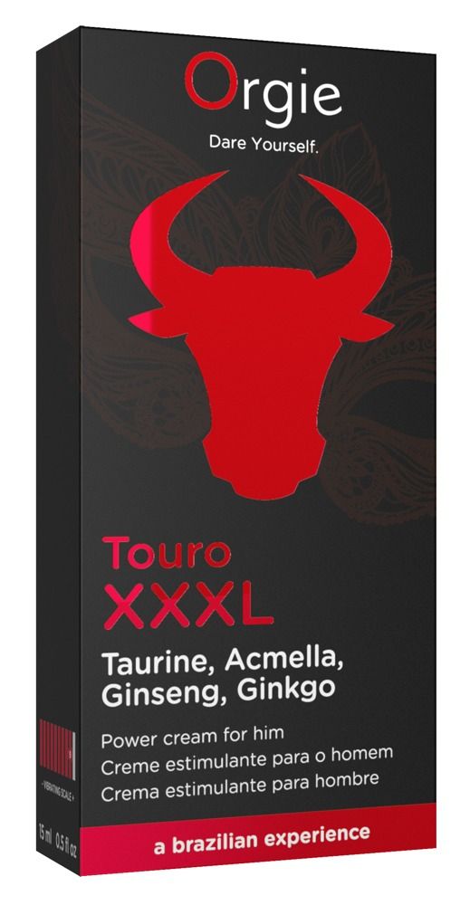 Boîte noire avec tête de taureau rouge et texte: Orgie Touro XXL Power Cream. Ingrédients: Taurine, Acmella, Ginseng, Ginkgo.