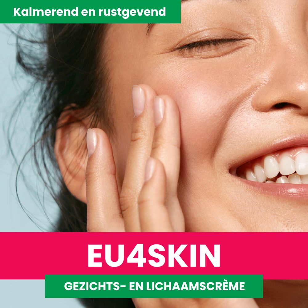 Vrouw raakt haar gezicht aan. EU4SKIN crème. Tekst: Kalmerend en rustgevend. Gezichts- en lichaamscrème.