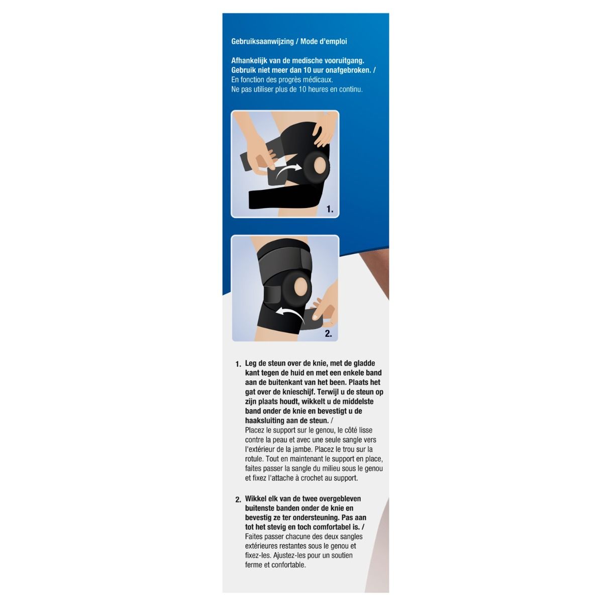 Instructies voor het gebruik van de kniebrace. Twee stappen voor bevestiging aan de knie. Illustraties tonen de toepassing.