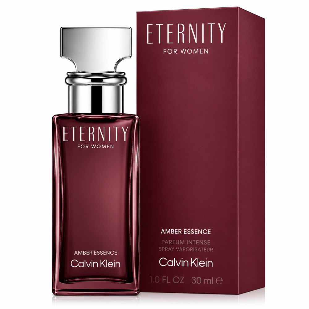 Calvin Klein Eternity Amber Essence damesgeur. Donkerrode parfum in rechthoekige glazen fles met zilveren dop. Naast de bijpassende doos.