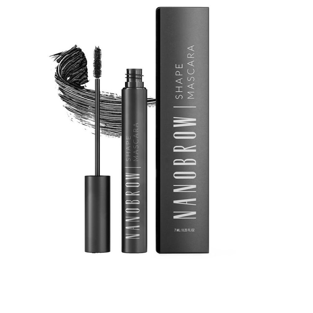 Zwarte mascara met borstel en verpakking. Op de verpakking staat "NANOBROW SHAPE MASCARA".