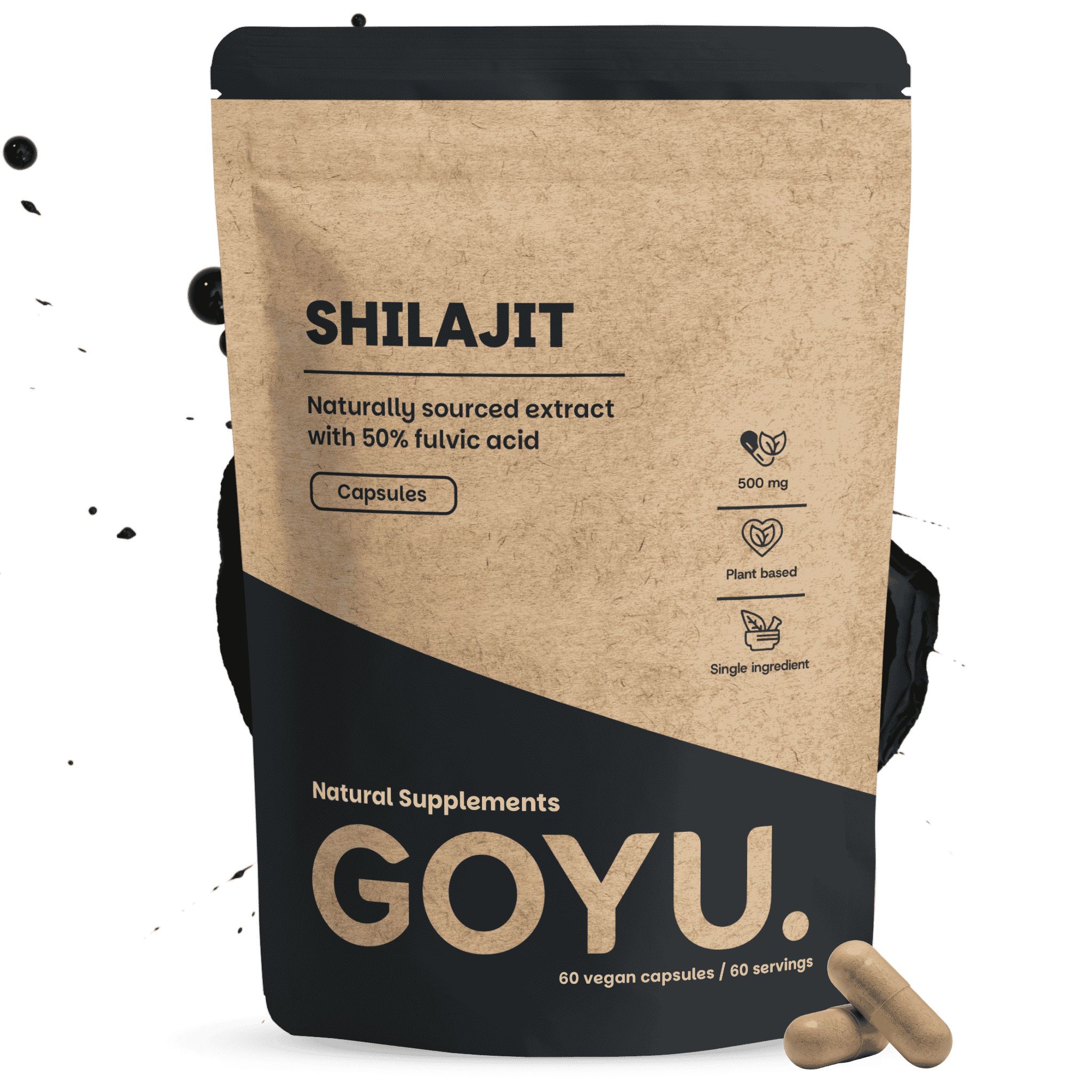 Pochette refermable marron avec capsules de Shilajit, 50% d'acide fulvique, 500 mg.