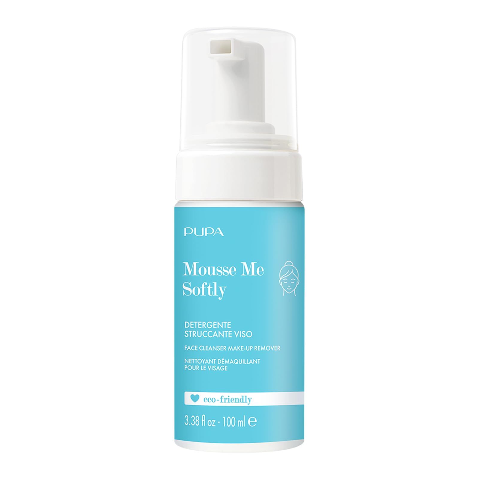 Gezichtsreiniger Pupa Mousse Me Softly. Blauwe fles met witte pomp en doorzichtige dop. "eco-friendly" logo.