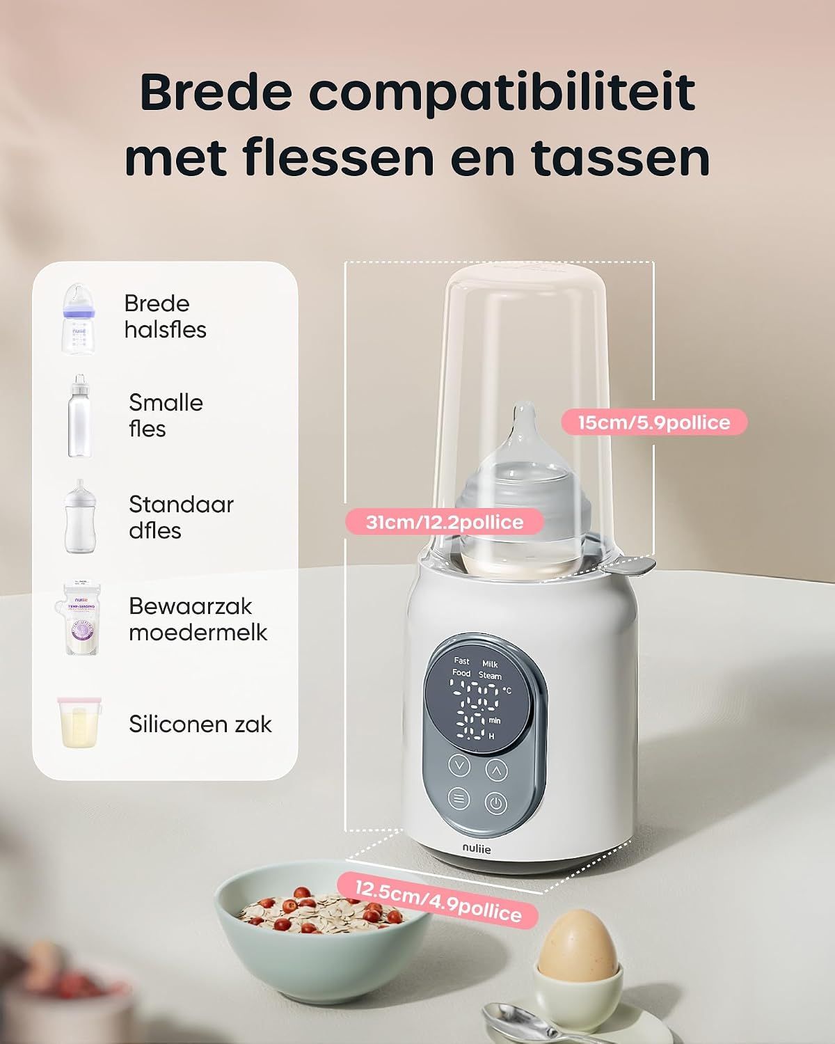 Witte babyflessenwarmer met digitaal display. Afmetingen: 31cm hoog, 15cm breed. Compatibel met diverse flessen.