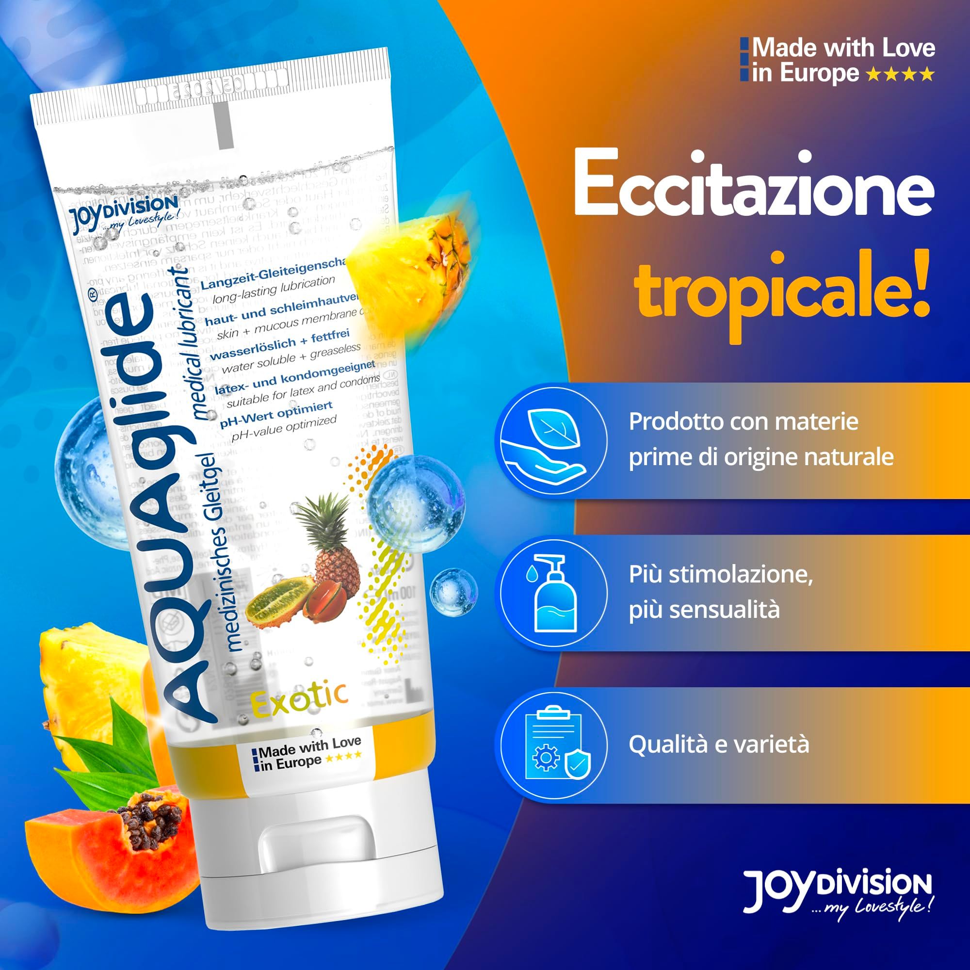 Tube de gel lubrifiant Aquaglide avec fruits tropicaux. Produit médical.