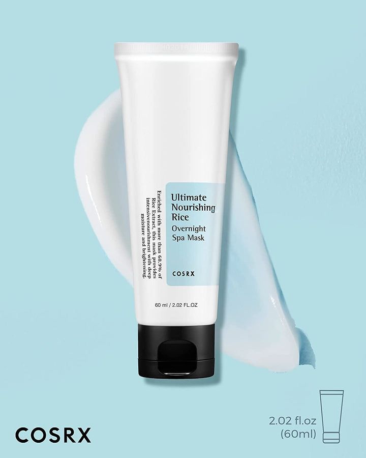 Witte tube, zwarte dop. Opschrift: Ultimate Nourishing Rice Overnight Spa Mask. Merk: COSRX. 60 ml. Crème.