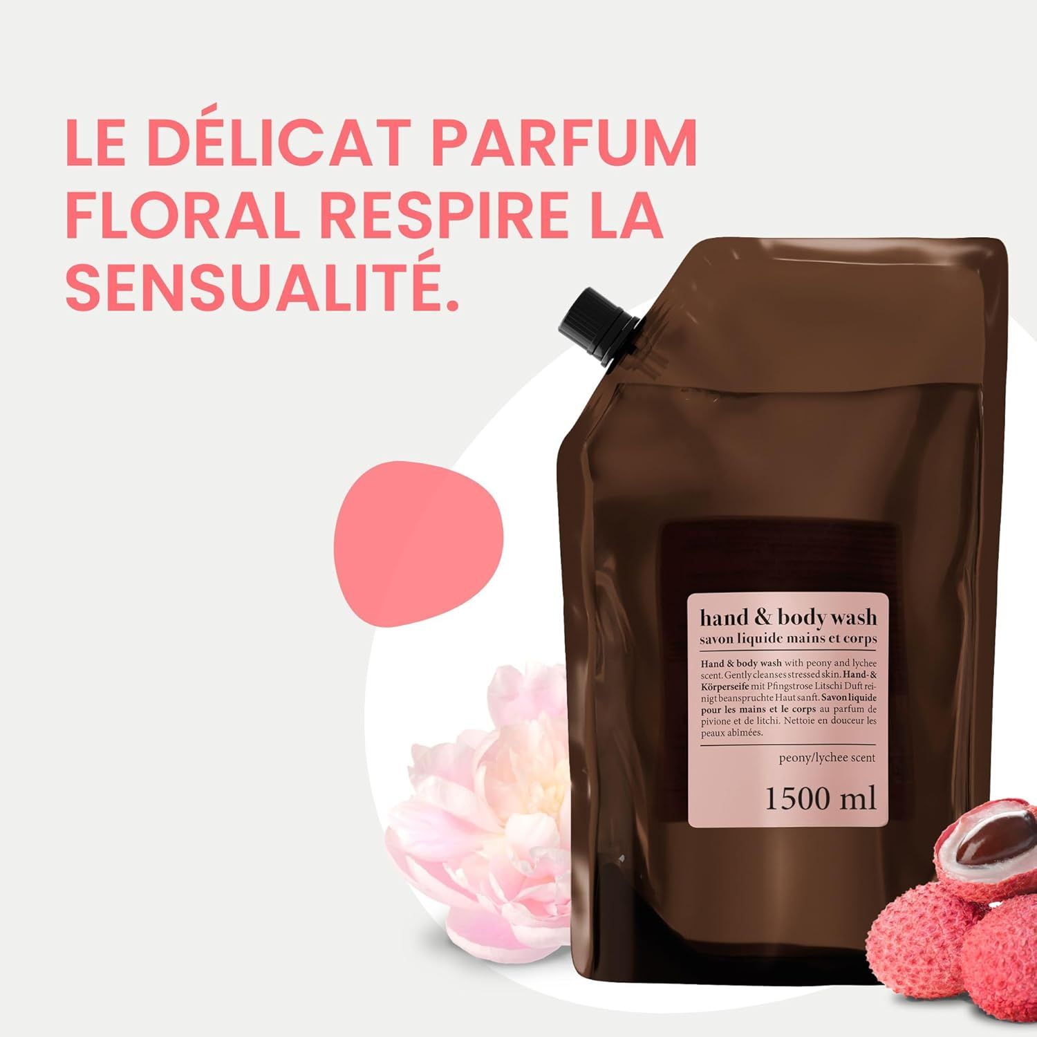 Pochette de recharge brune pour savon mains et corps avec bec verseur noir. Contient 1500 ml.