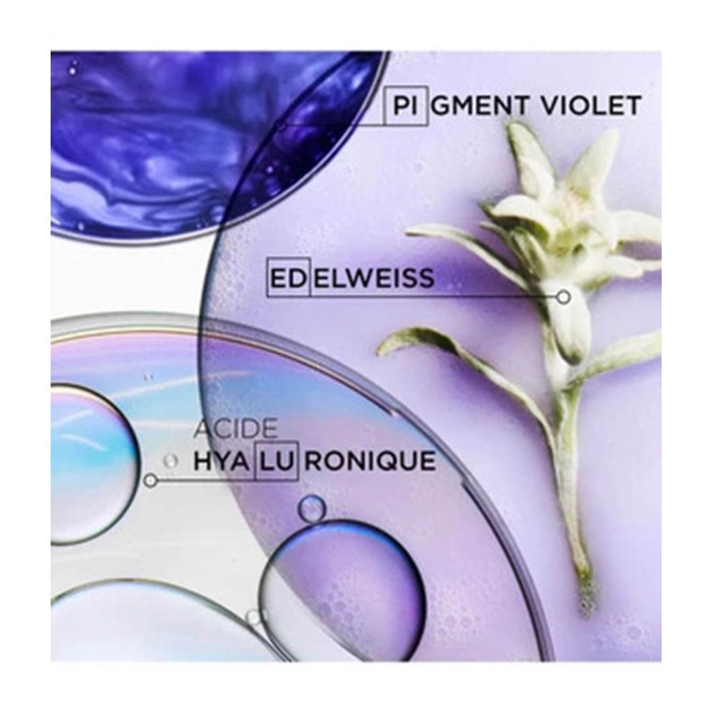 Kérastase Blond Absolu Ingrediënten: Pigment Violet, Edelweiss, Hyaluronzuur in paarse vloeistof en bubbels.