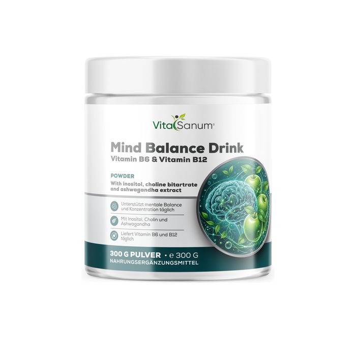 VitaSanum Mind Balance Drink poudre dans un pot blanc avec des accents verts et une illustration de cerveau.