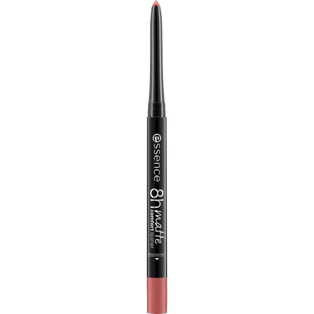 Zwarte lippenpotlood met opschrift essence 8h matte comfort. Roze punt en uiteinde.