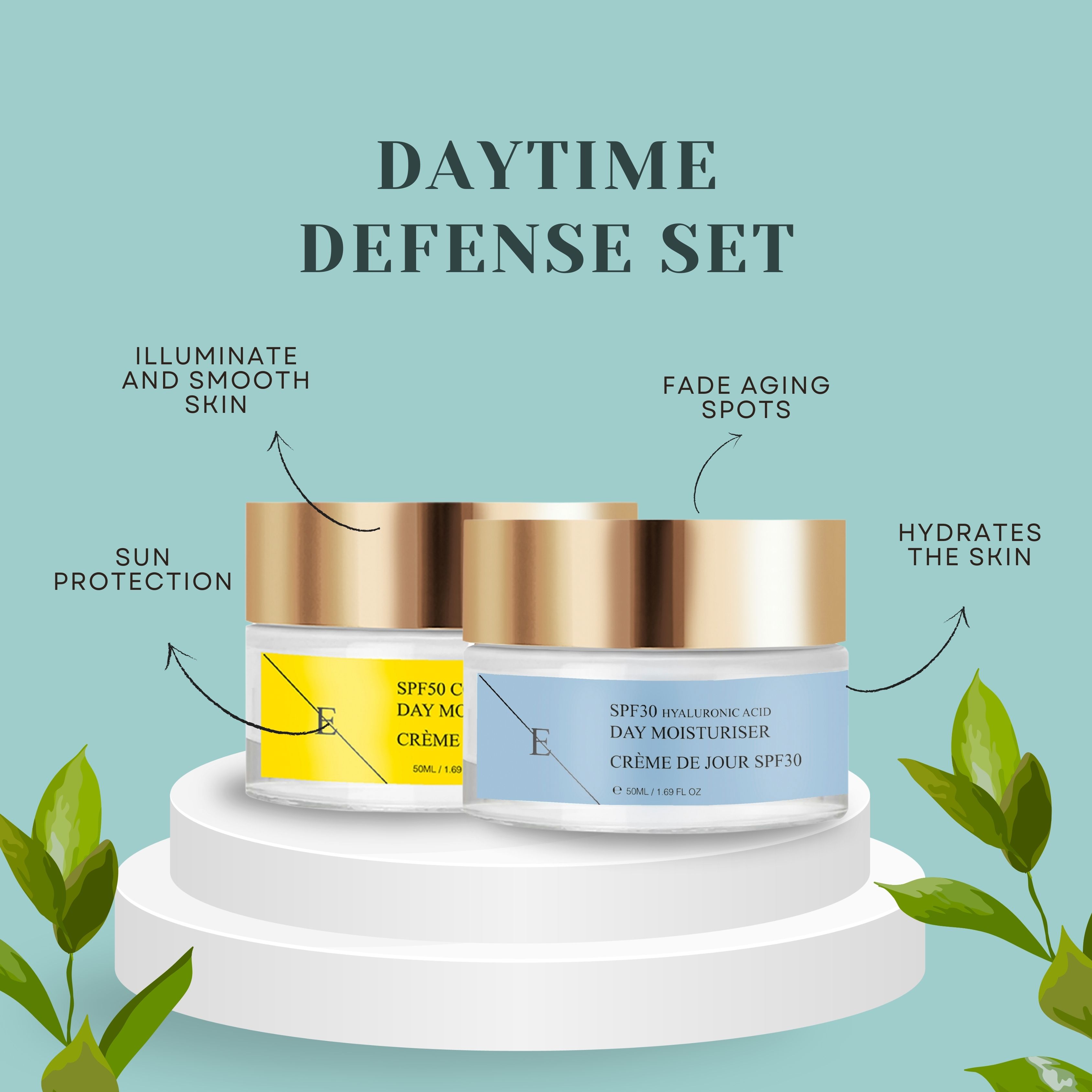 Duo de crème de jour ErthSkin London sur socle. Pot jaune: SPF50 Collagène. Pot bleu: SPF30 Acide Hyaluronique. Inscription: Daytime Defense Set.