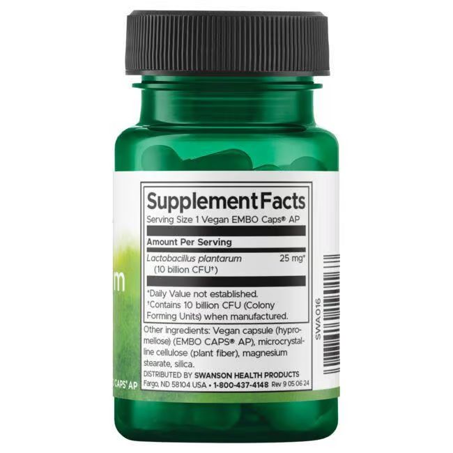 Dos du flacon vert. Étiquette avec informations nutritionnelles et ingrédients. Texte: SWANSON HEALTH PRODUCTS.