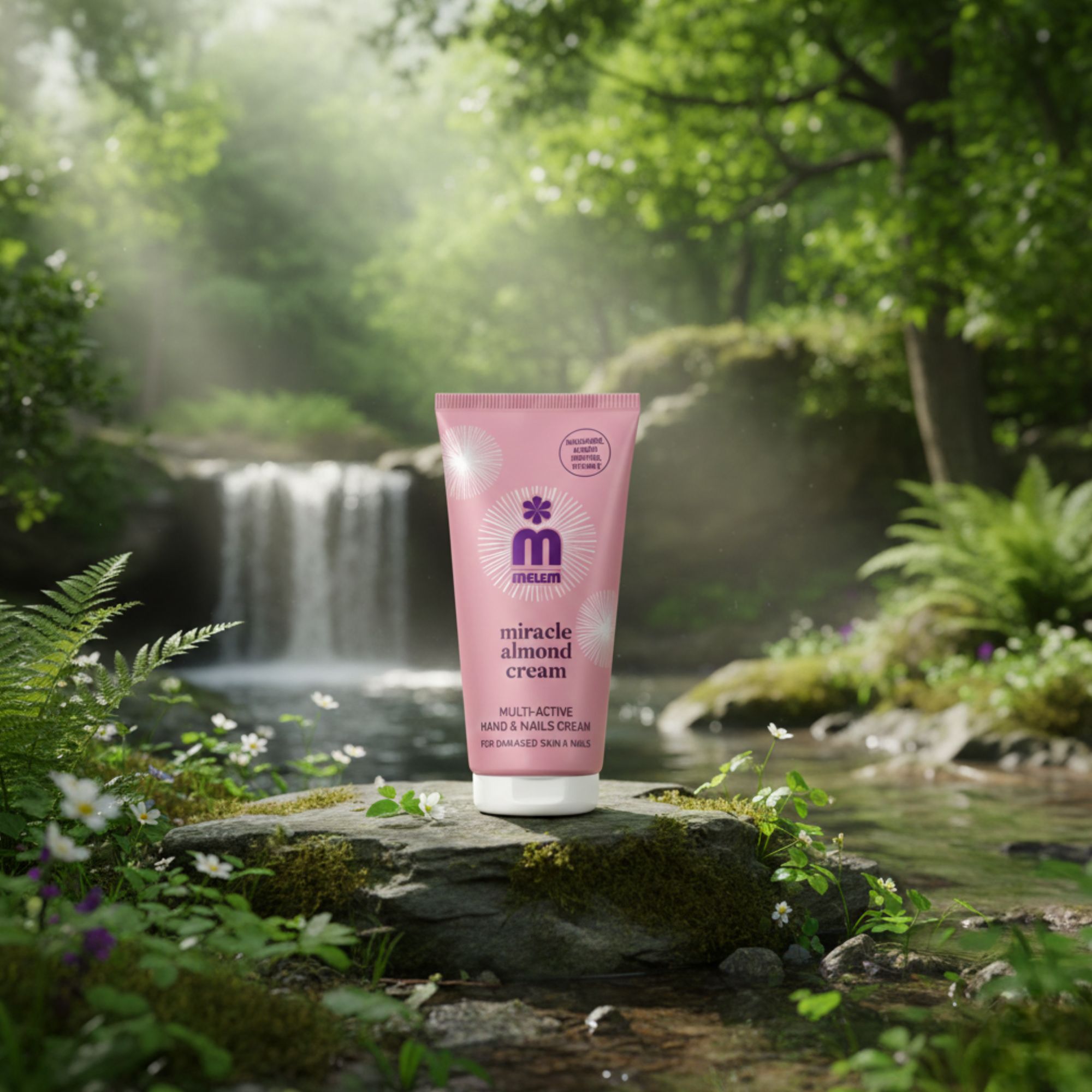 Roze tube "melem miracle almond cream" voor waterval. Tekst: Multi-Active Hand & Nails Cream. Voor beschadigde huid & nagels. Met amandelolie.
