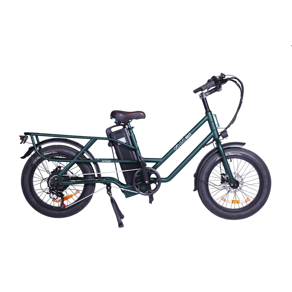 Groene elektrische bakfiets met zwarte bagagedrager en banden. Accu op frame. GOGOBEST-opschrift.