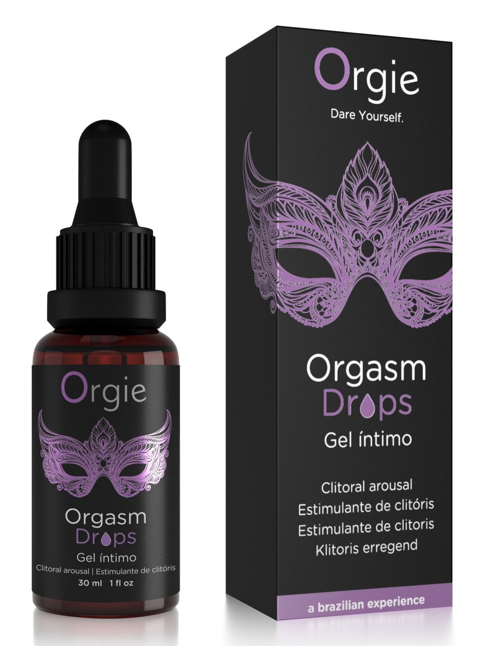 Orgie Orgasm Drops flesje met pipet en paarse rookwolk.