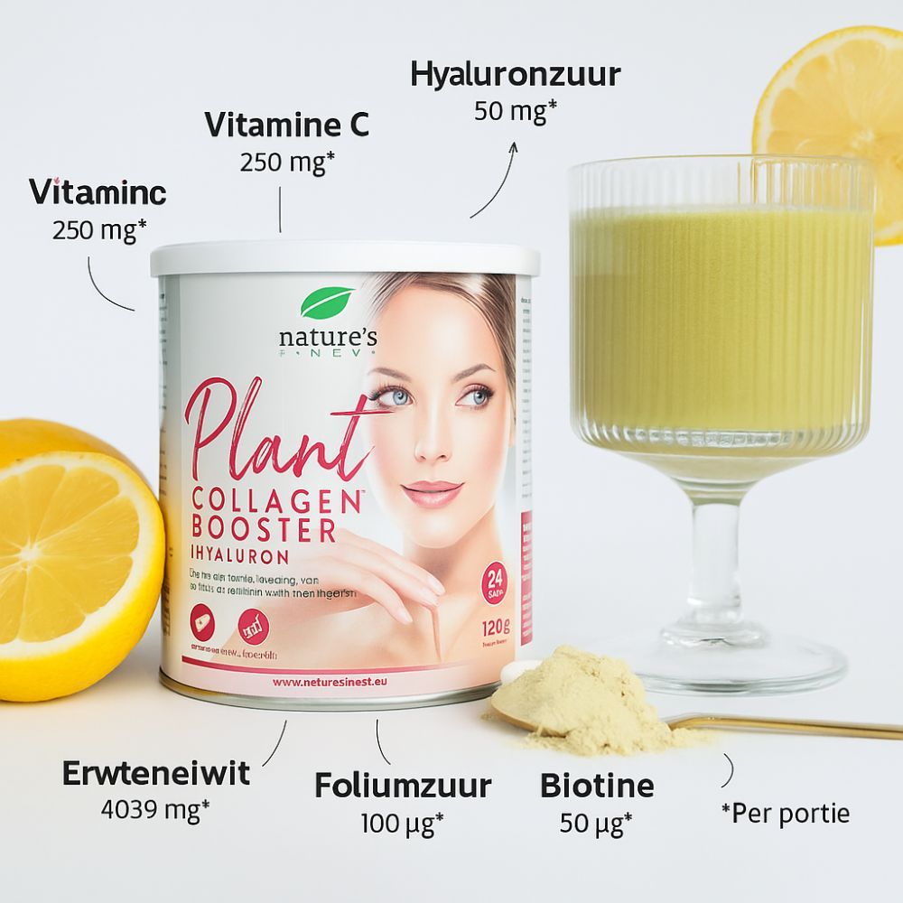 Nature's Finest Plant Collagen Booster. Met hyaluron, vitamine C, matcha, citroen en poeder. Ingrediënten getoond.