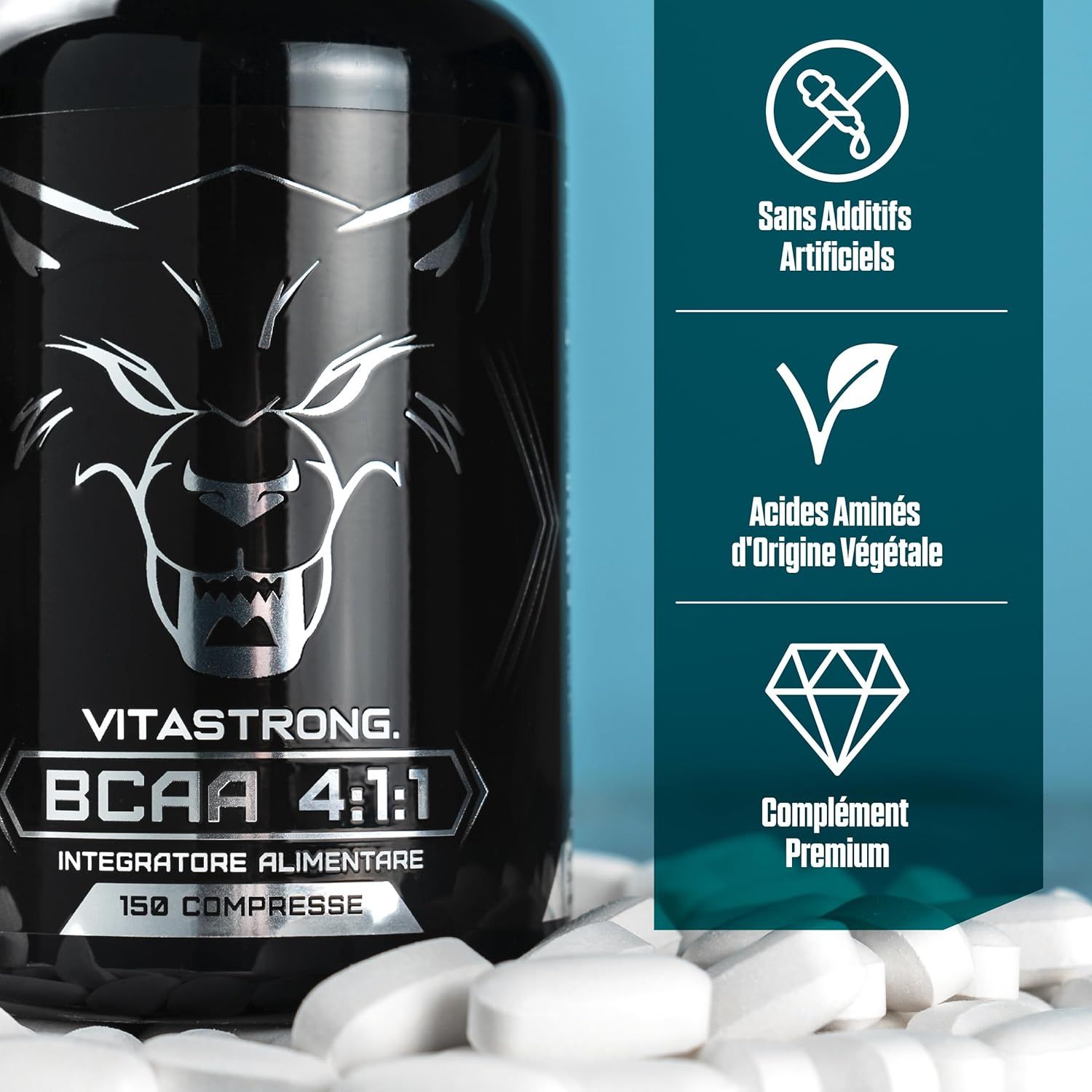 Vitastrong BCAA 4:1:1, 150 tabletten. Extra info: Zonder kunstmatige toevoegingen, aminozuren van plantaardige oorsprong.