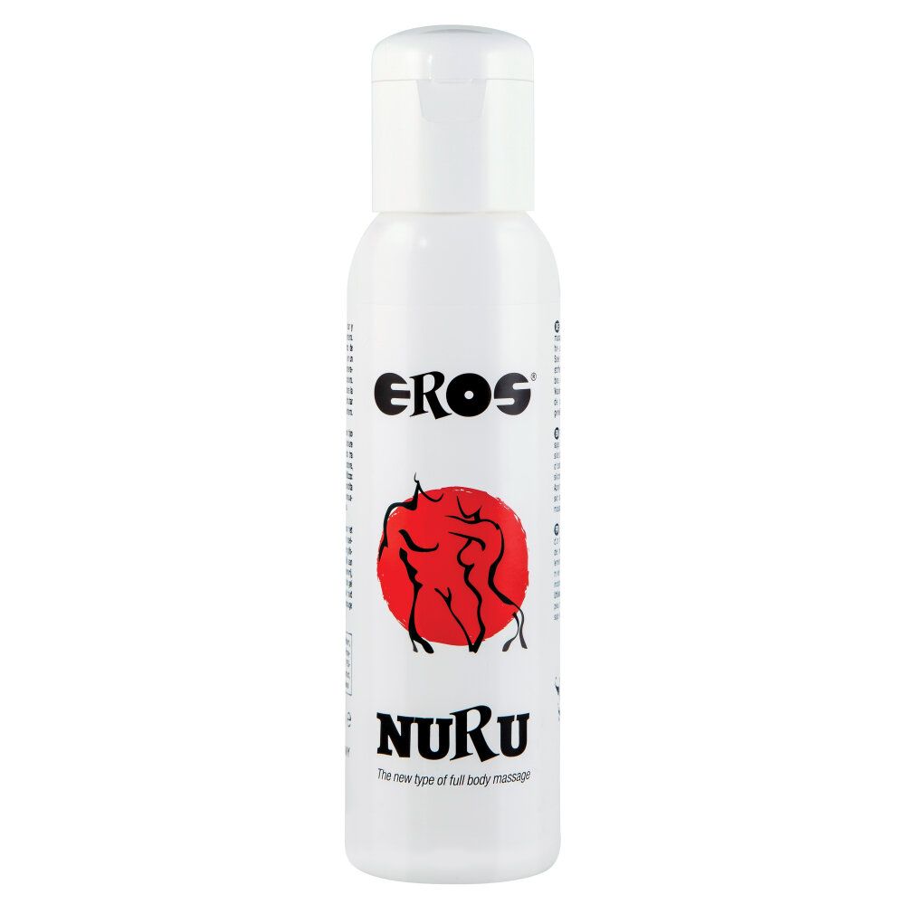 Flacon blanc avec bouchon blanc. Inscription: EROS, cercle rouge avec figures, NURU.