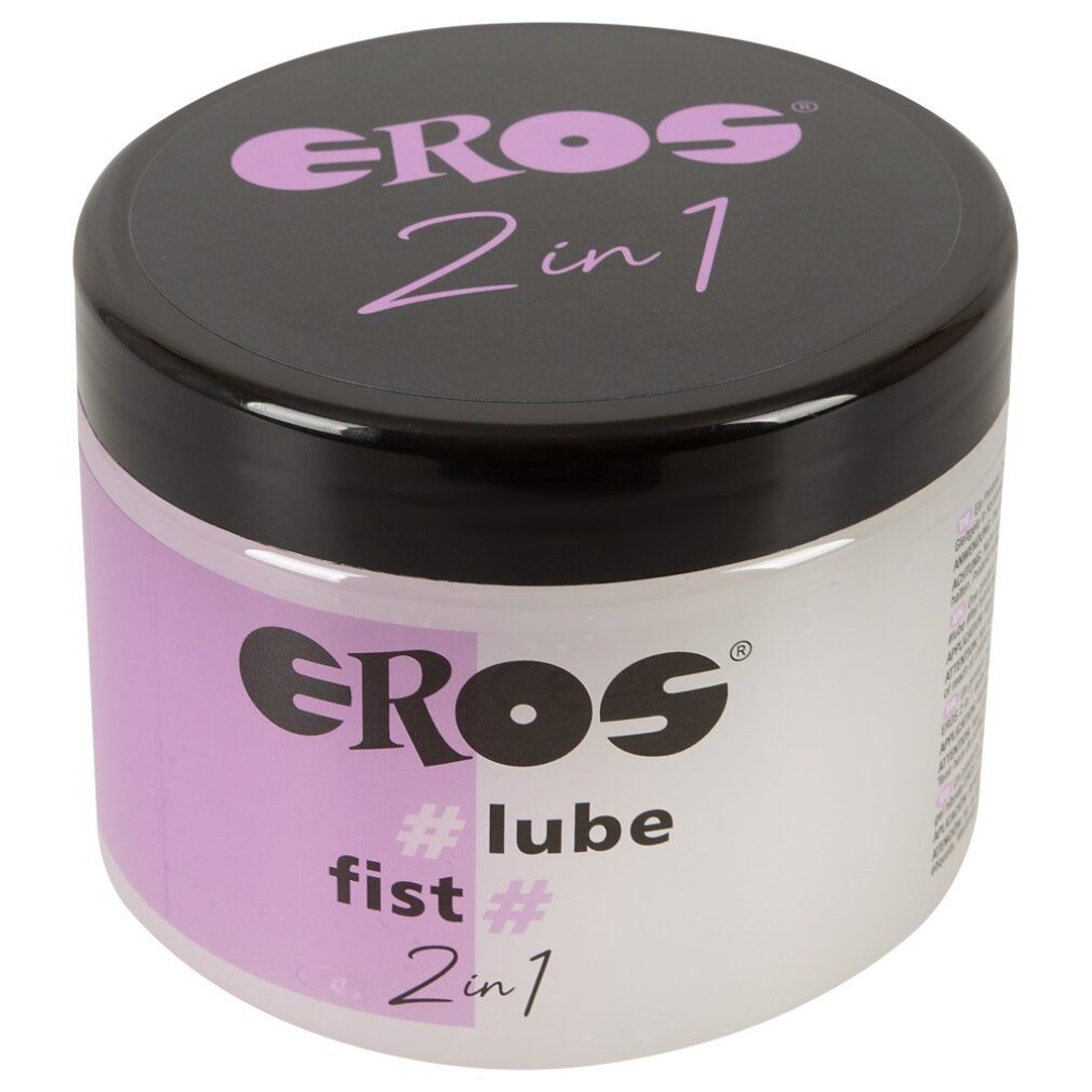 Récipient rond avec couvercle noir. L'étiquette indique EROS, #lube, fist # et 2in1. Fond violet.